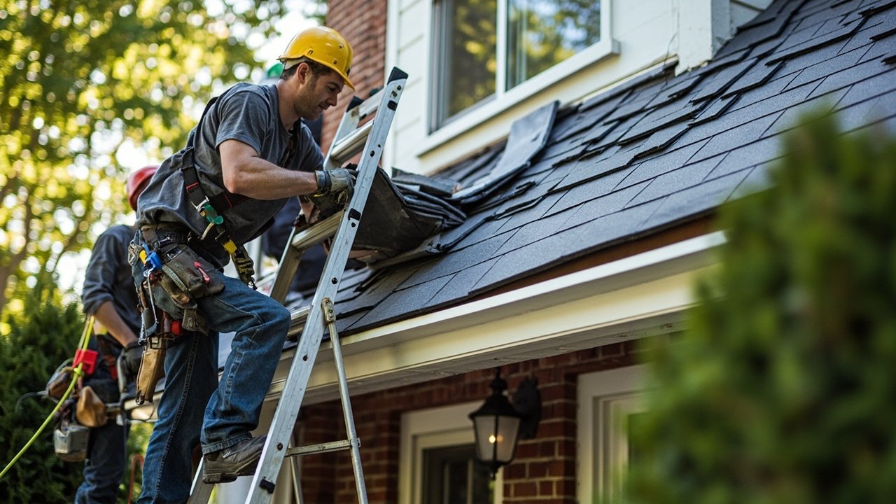 Roofer on a ladder repairing damaged shingles on a house roof